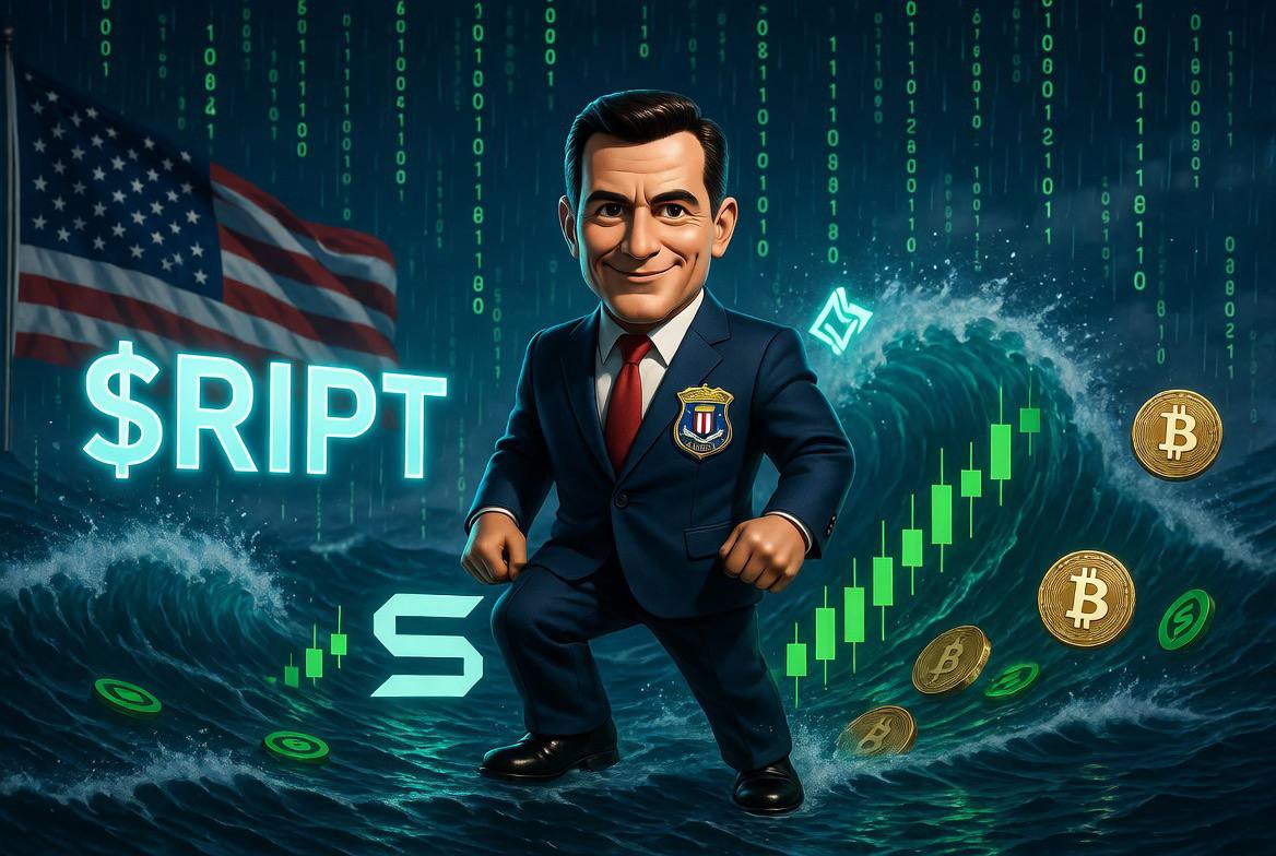 The $RIPT agent riding the crypto wave through a matrix of green candles