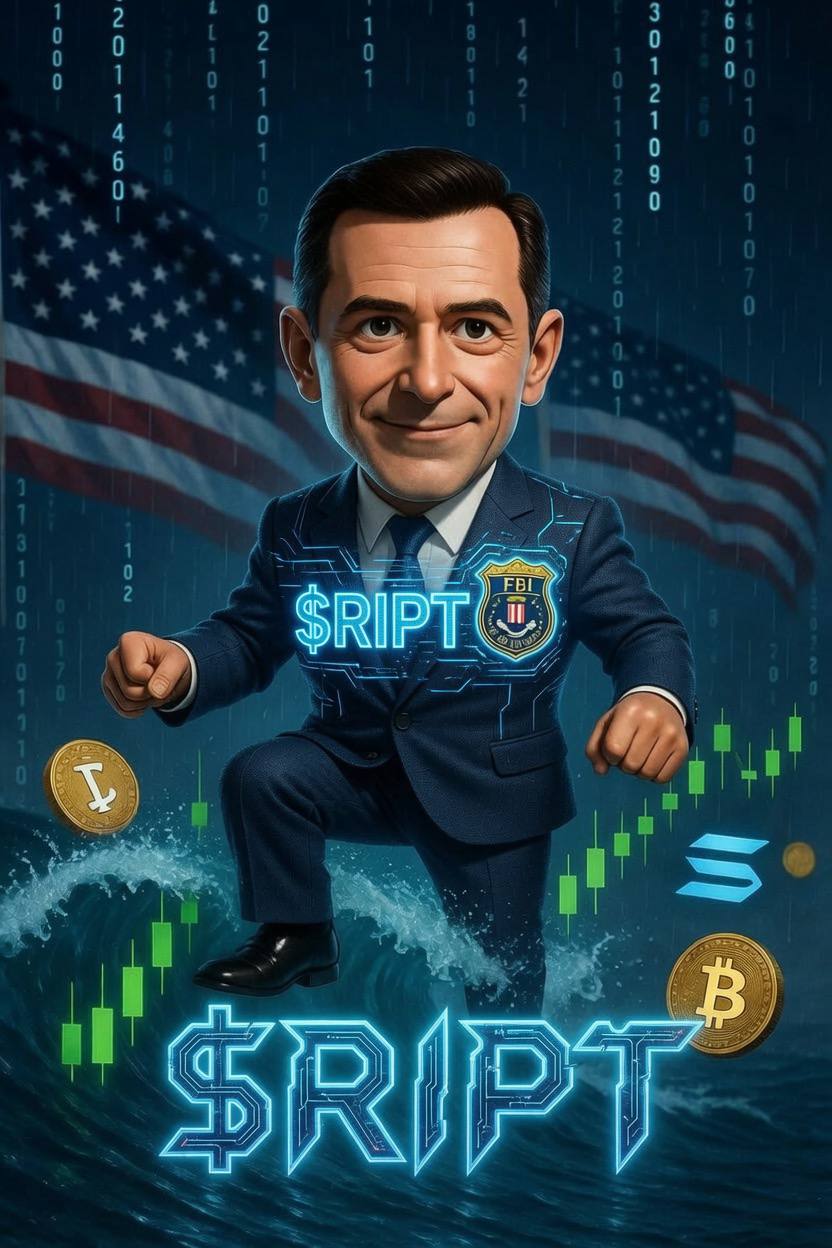 RIPT Coin mascot riding the crypto wave